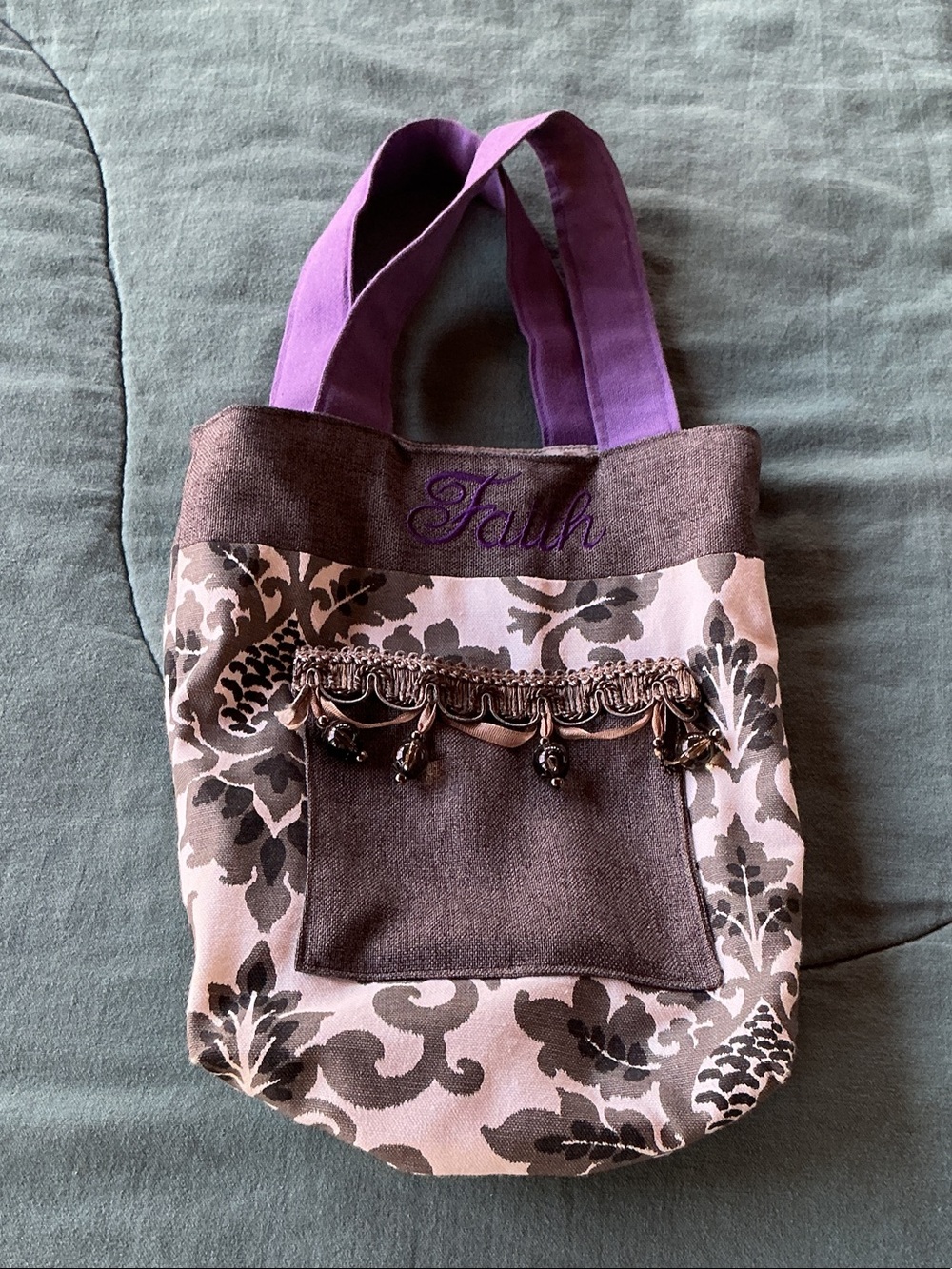 Embroidered Purple & Brown Patterned Tote Bag